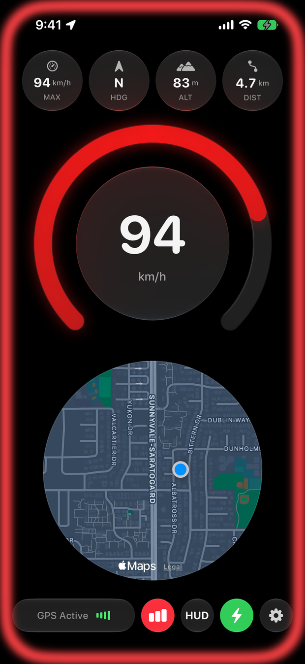 Speedra at 94 km/h over a 60 km/h limit: the gauge and the whole edge of the screen glowing red