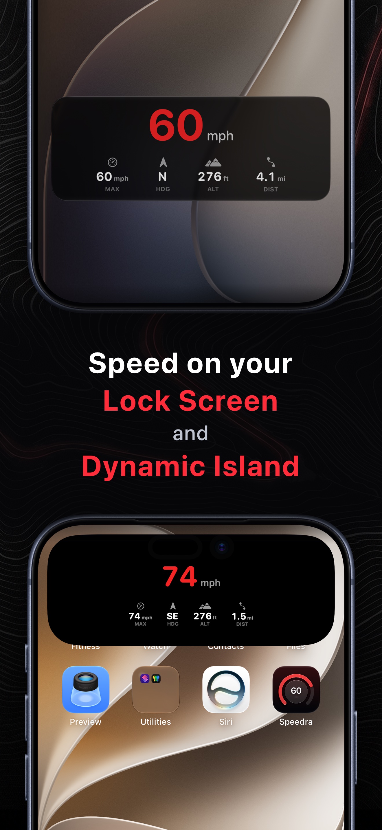The top of an iPhone showing Speedra expanded in the Dynamic Island above the Home Screen, with a speed of 74 mph and four trip stats