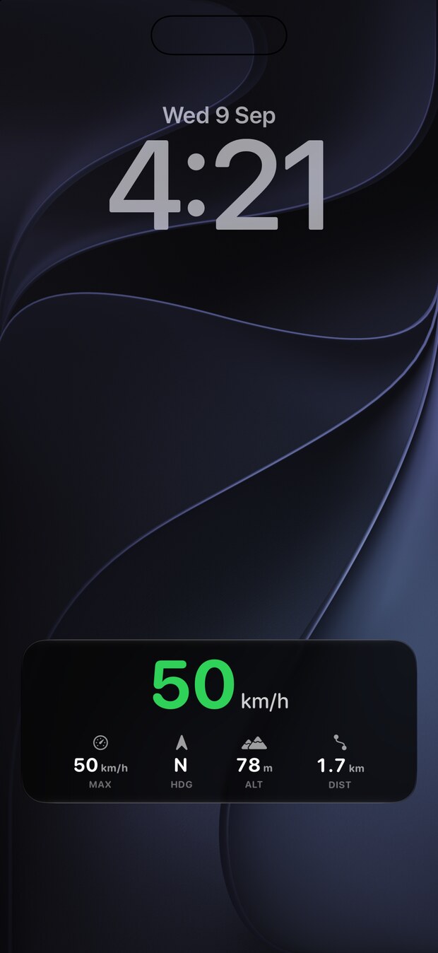 An iPhone Lock Screen with Speedra's Live Activity showing 50 km/h, max speed, heading, altitude and distance